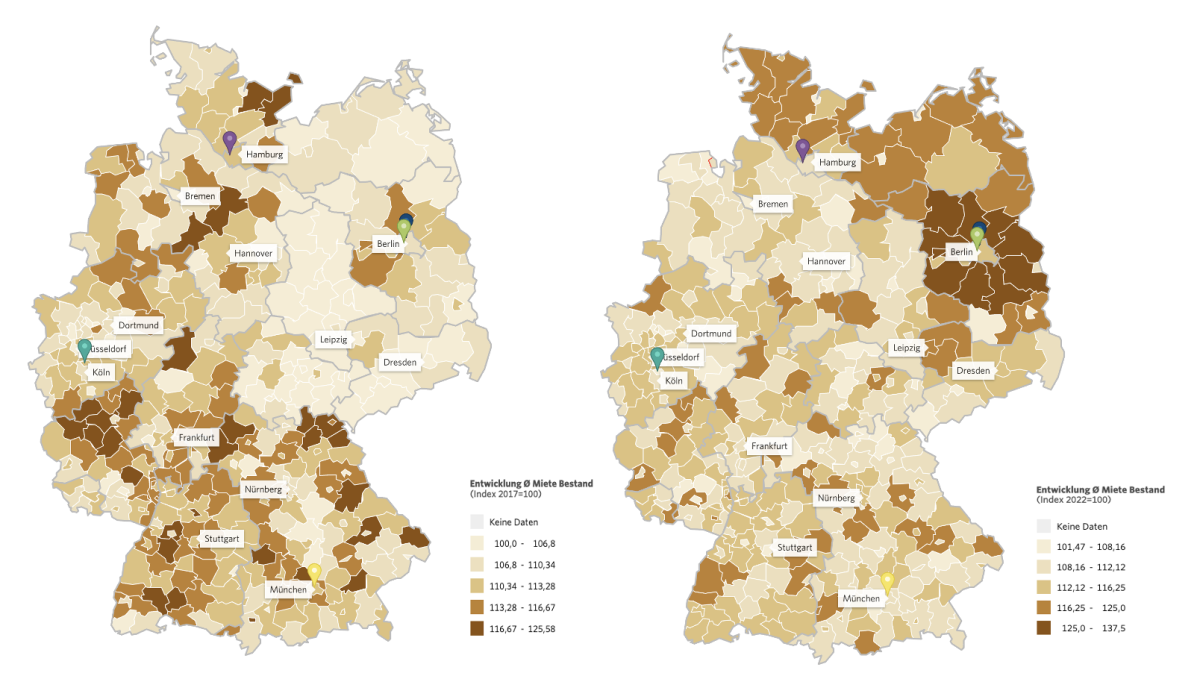 Gegenüberstellung Entwicklung durchschn. Mieten im Bestand, links: 2017-2020, rechts: 2022-2025